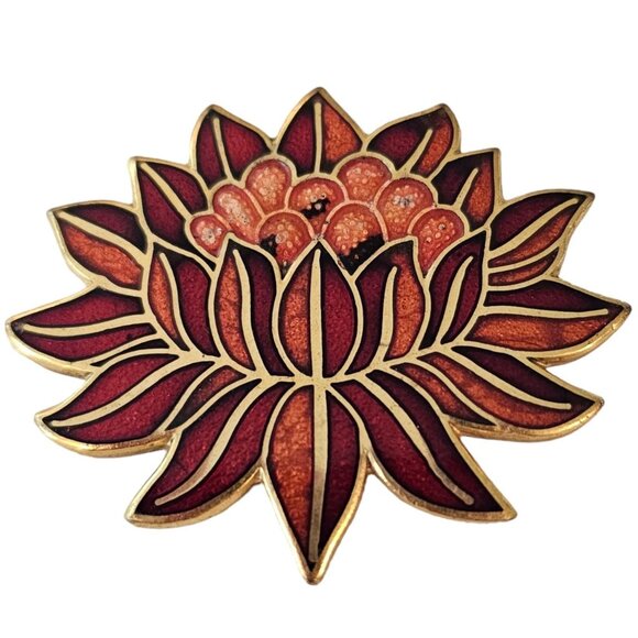 MMA Pink Red Enamel Water Lily Flower Brooch, Signed L123 - Picture 9 of 9